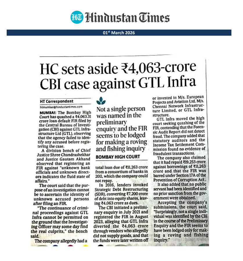 HC sets aside Rs. 4,063 crore CBI case against GTL Infra